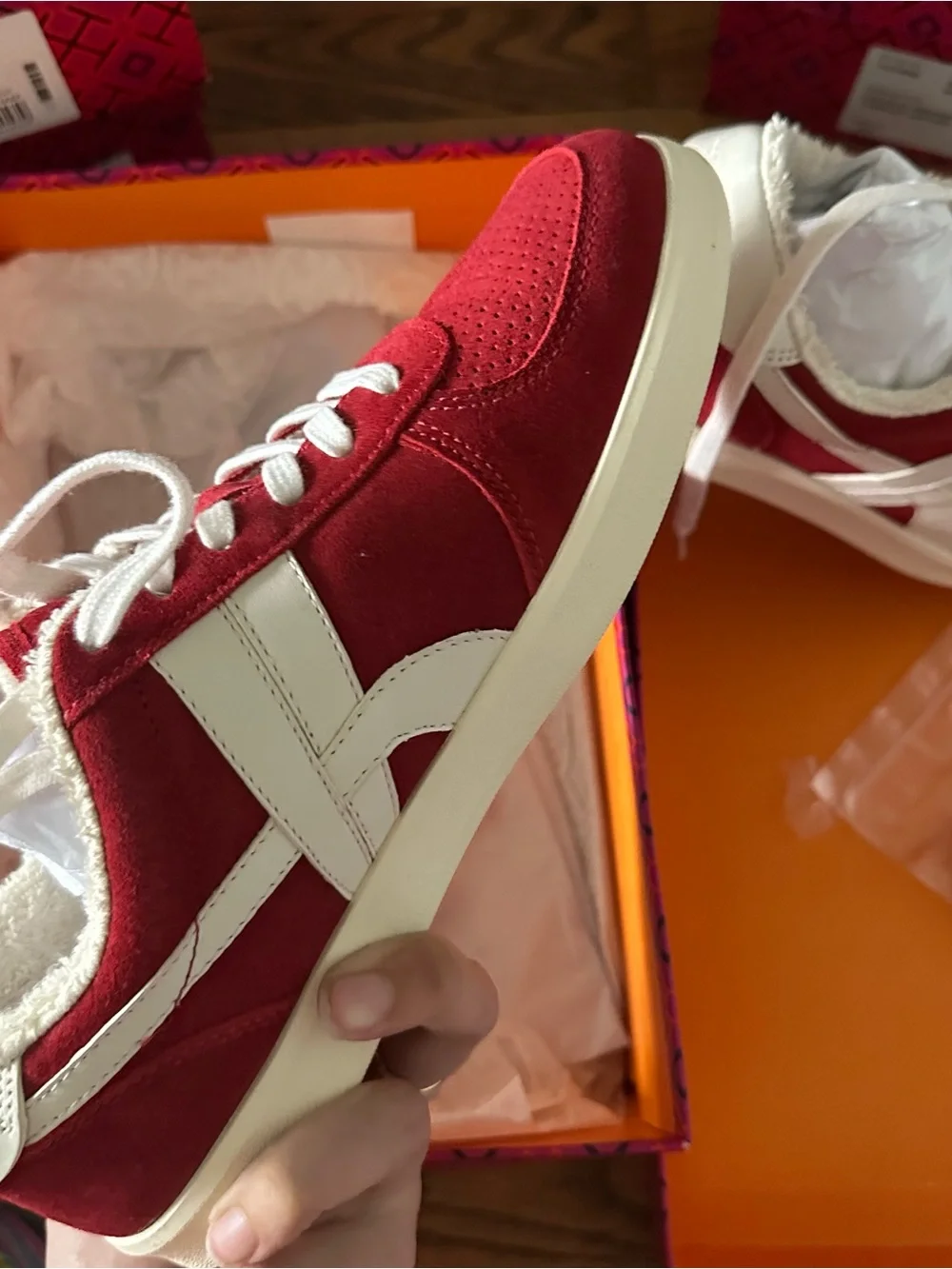 Tory Burch Red Suede Lace-Up Sneakers with White Trim